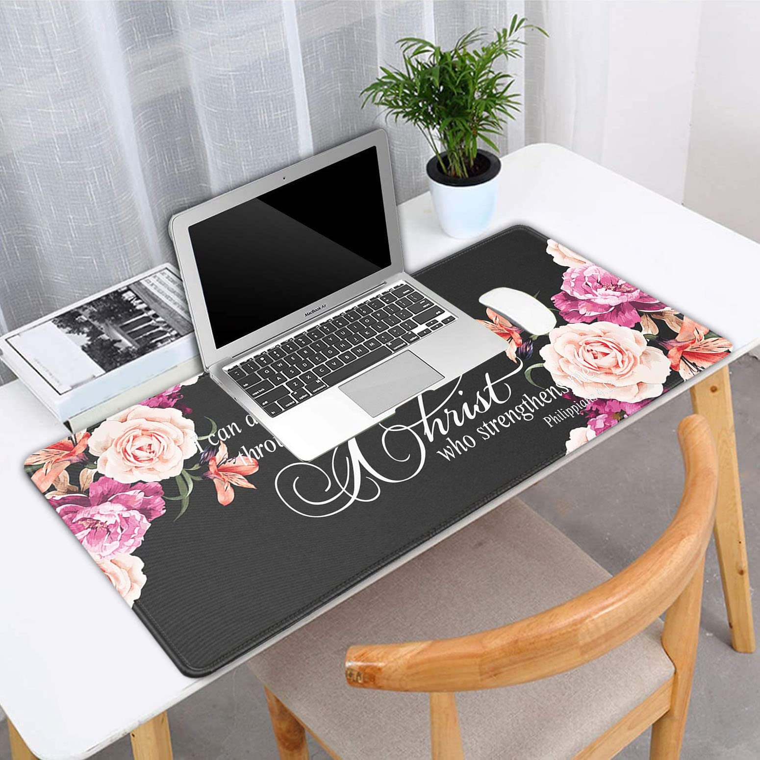 Yuxcfhjfe Large Gaming Mouse Pad XL Ergonomic Desk Pad with Stitched Edges and Cup Coaster featuring Philippians 4:13 Bible Verse Peony Flower - View 8 of 9