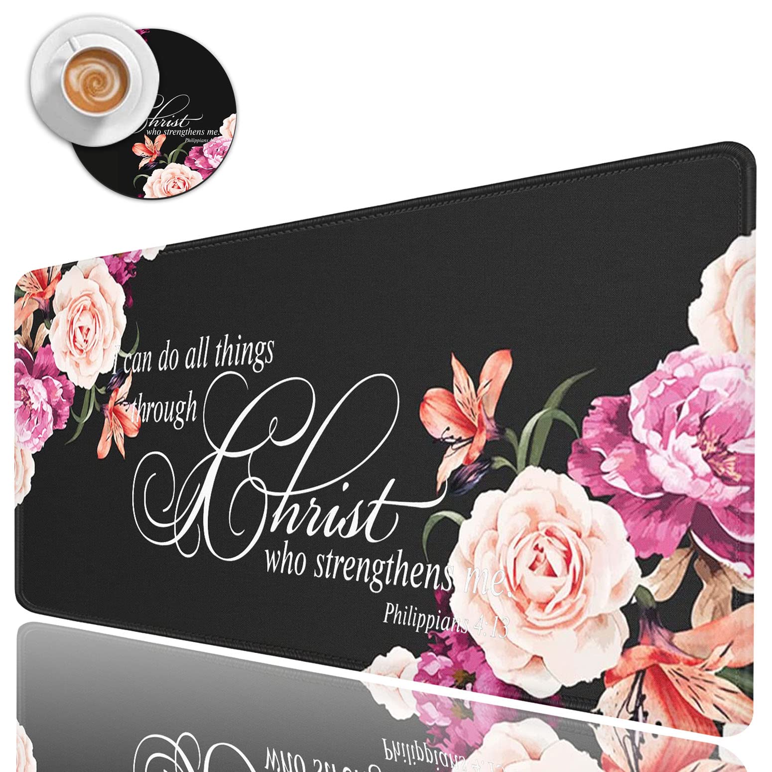 Yuxcfhjfe Large Gaming Mouse Pad XL Ergonomic Desk Pad with Stitched Edges and Cup Coaster featuring Philippians 4:13 Bible Verse Peony Flower