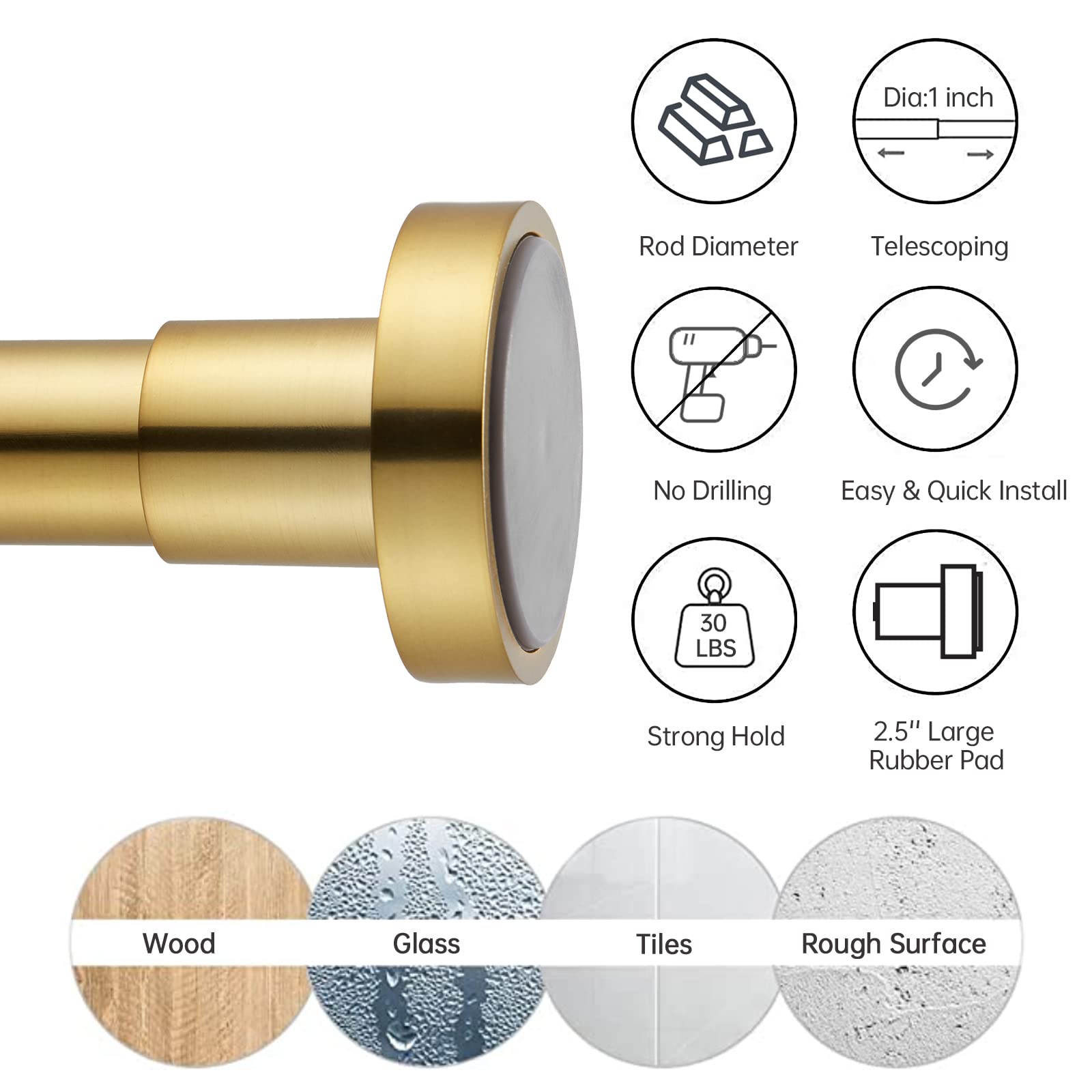 eboatop EBOATOP Shower Curtain Rod Tension No Rust No Drill Non Slip Spring Metal Steel Gold 43-73 Inches - View 3 of 9
