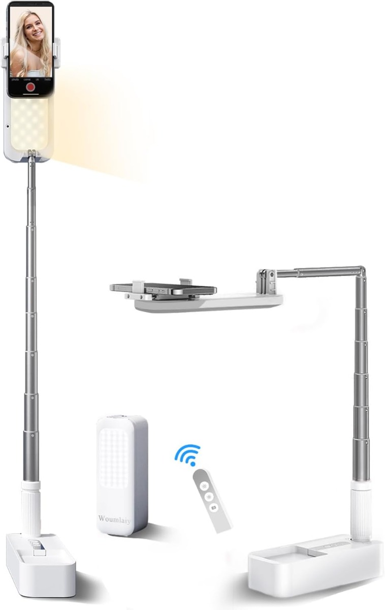 Woumlaiy Selfie Stand With 360Â° Rotating Phone Holder, Foldable/Rechargeable/Wireless/Overhead Recording With 1000 mAh Battery For Live Stream/Makeup/YouTube/TikTok/Vlog, 7 Brightness LED Lights (White)