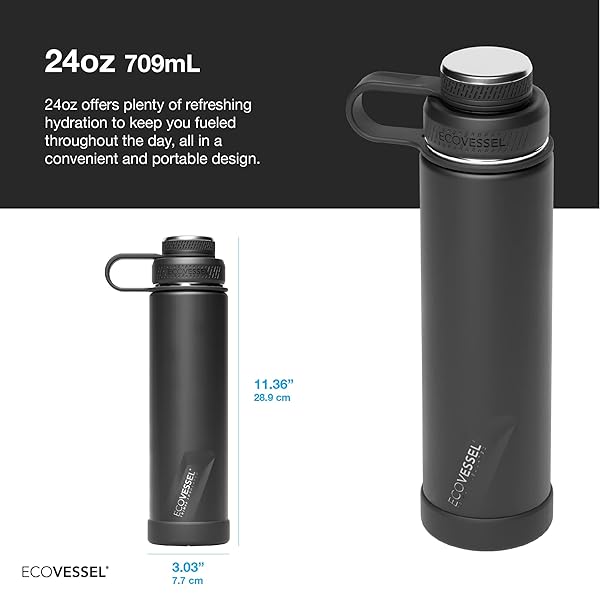 EcoVessel EcoVessel 24oz Stainless Steel Insulated Water Bottle with Dual Lid Strainer and Silicone Bumper in Navy Nightfall - View 3 of 7