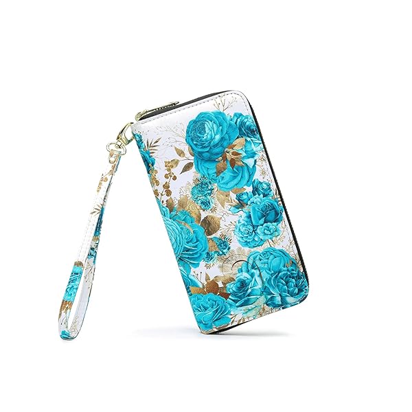 LOVESHE LOVESHE Women's RFID Blocking Bohemian Wallet Large Travel Purse Zip Around Clutch Cambridge Blue Flower Design
