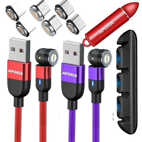 Aporia International Aporia - Magnetic Charging Cable USB 540Â° Rotating 5PIN 2-Pack with 6 Tips 2X Micro 2X Type C 2X IP | Fast Charge Data Transfer | 2X Storage for Tips (Red Long 6ft + Purple Short 3ft)