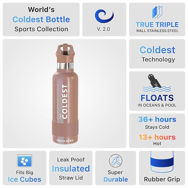 The Coldest Water Coldest Water Bottle 21 oz - Rose Gold Metal Thermos with Straw Lid | Vacuum Insulated, Leak Proof & Cupholder Friendly - View 8 of 11