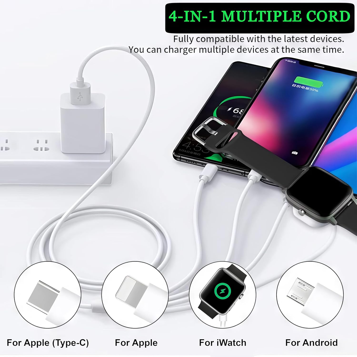 TOP-UP 4-in-1 Fast Magnetic Charger Cable for Apple Watch, iPhone, Android & More - 3.3ft Multi Charging Cord - View 4 of 7