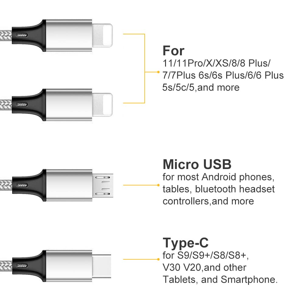 Puxnoin Multi Charging Cable 2Pack 4FT Universal 4 in 1 Fast Charging Cord with Type-C Micro USB Connectors for Cell Phones Tablets Silver - View 2 of 5