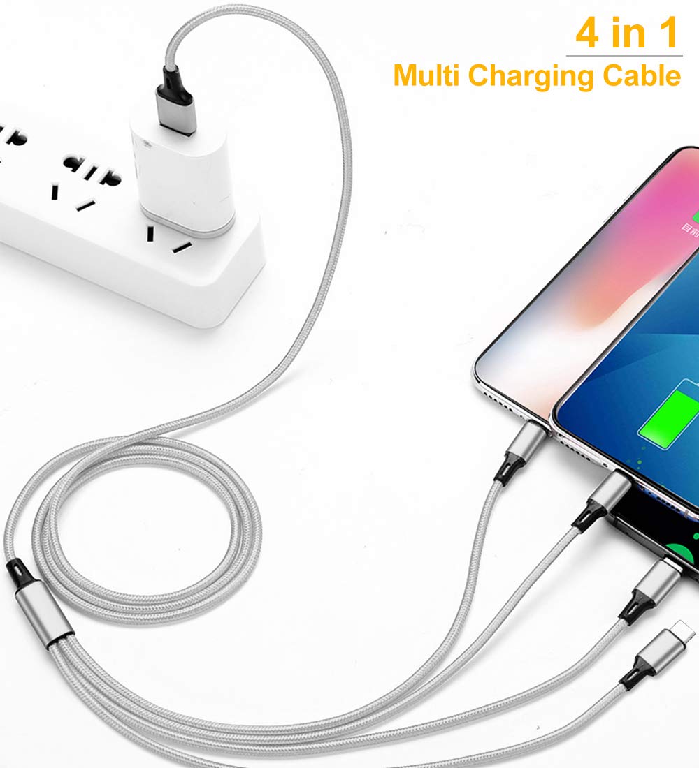 Puxnoin Multi Charging Cable 2Pack 4FT Universal 4 in 1 Fast Charging Cord with Type-C Micro USB Connectors for Cell Phones Tablets Silver - View 3 of 5