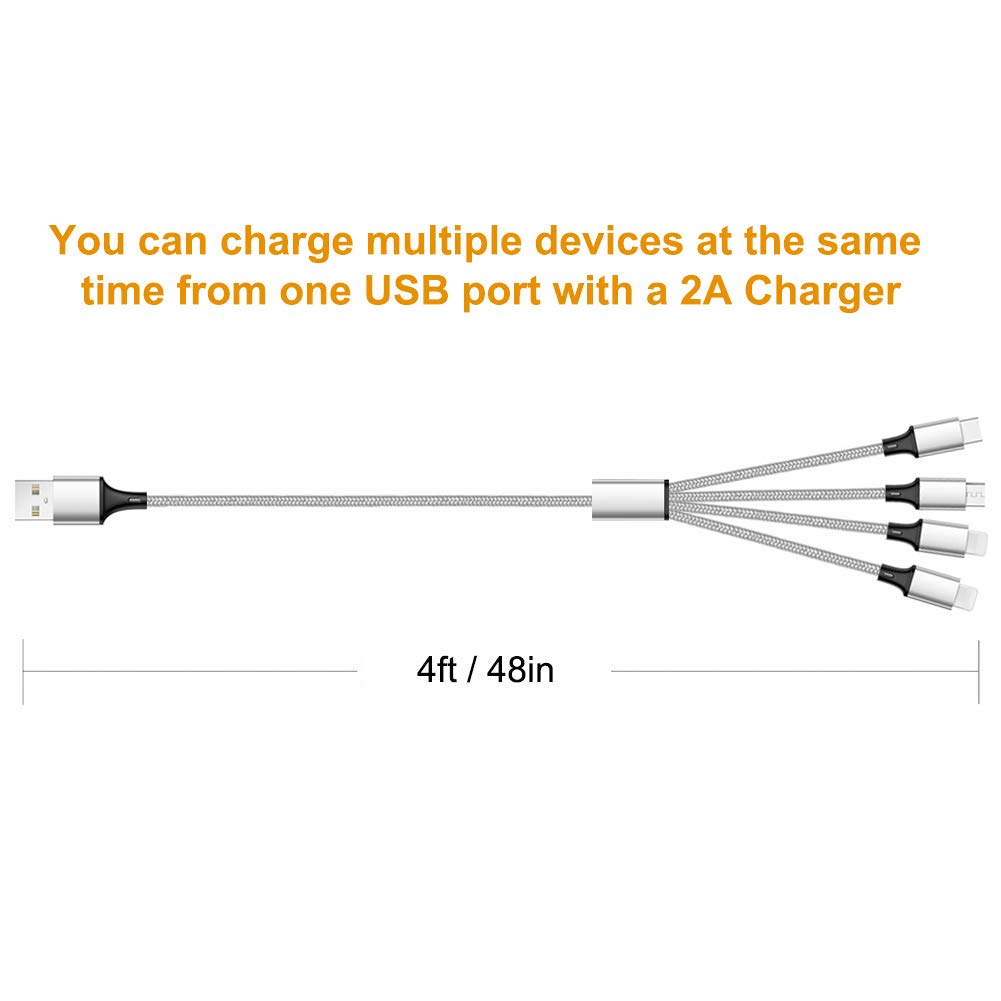 Puxnoin Multi Charging Cable 2Pack 4FT Universal 4 in 1 Fast Charging Cord with Type-C Micro USB Connectors for Cell Phones Tablets Silver - View 4 of 5