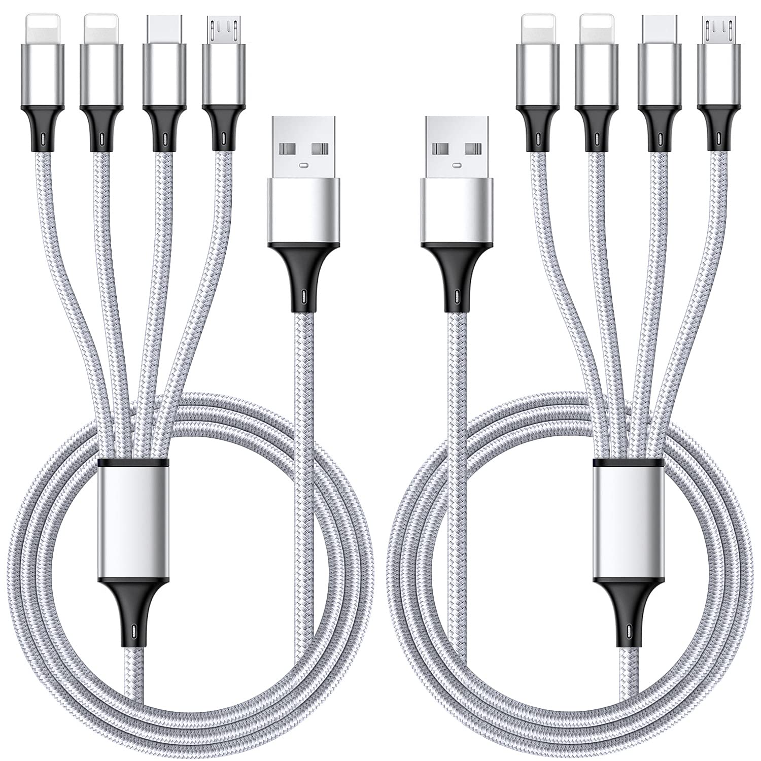 Puxnoin Multi Charging Cable 2Pack 4FT Universal 4 in 1 Fast Charging Cord with Type-C Micro USB Connectors for Cell Phones Tablets Silver