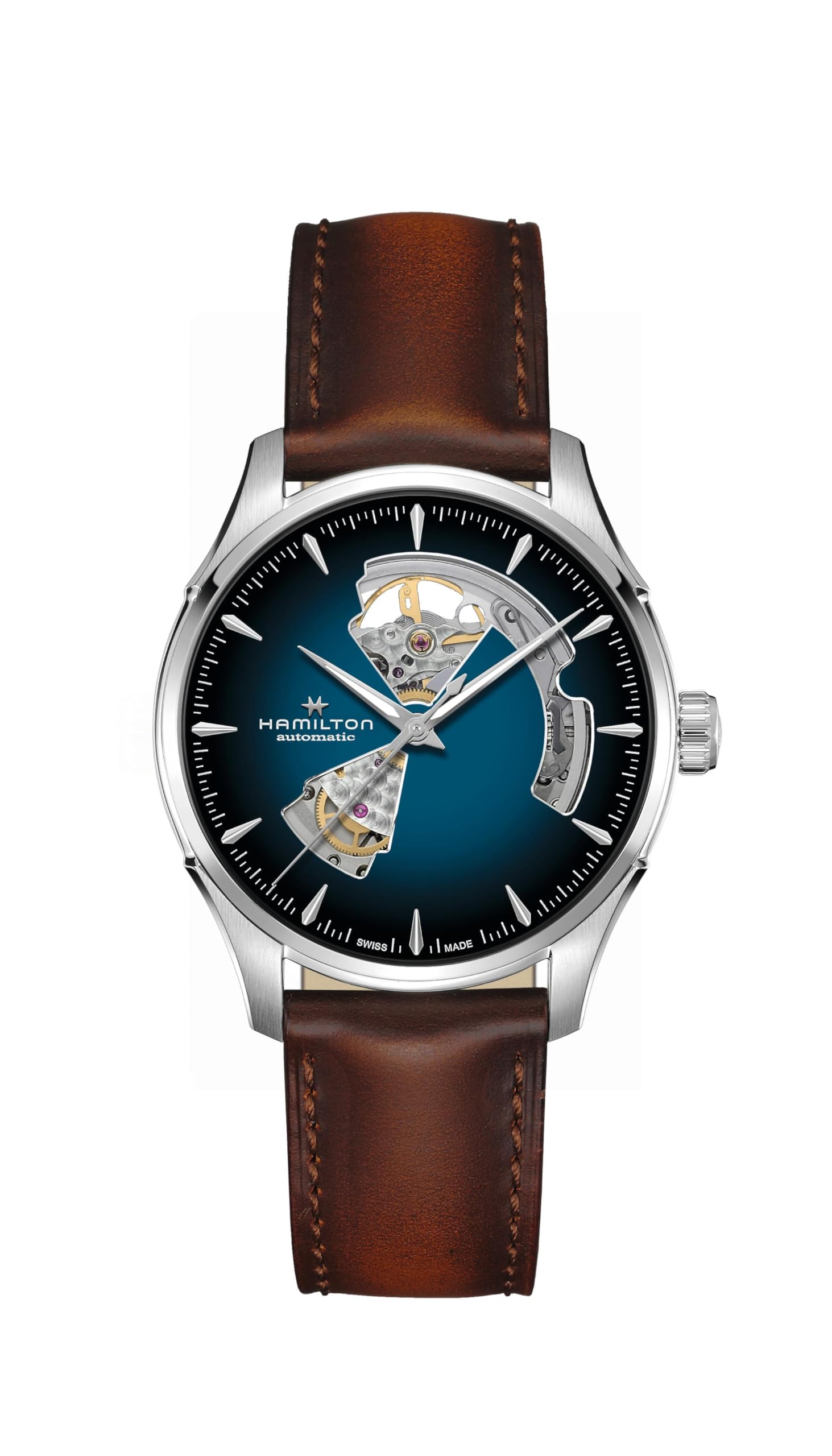 Hamilton Jazzmaster Open Heart Automatic Watch 40mm Stainless Steel Blue Dial Brown Leather Strap Model H32675540