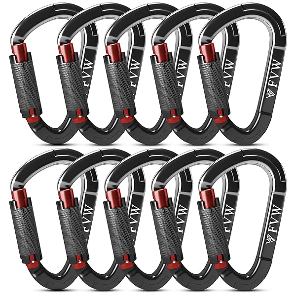 FVW FVW 10 Pack Auto Locking Carabiners - UIAA Certified 25KN Heavy Duty for Climbing, Rappelling & Rescue - Black D-Shaped Gear