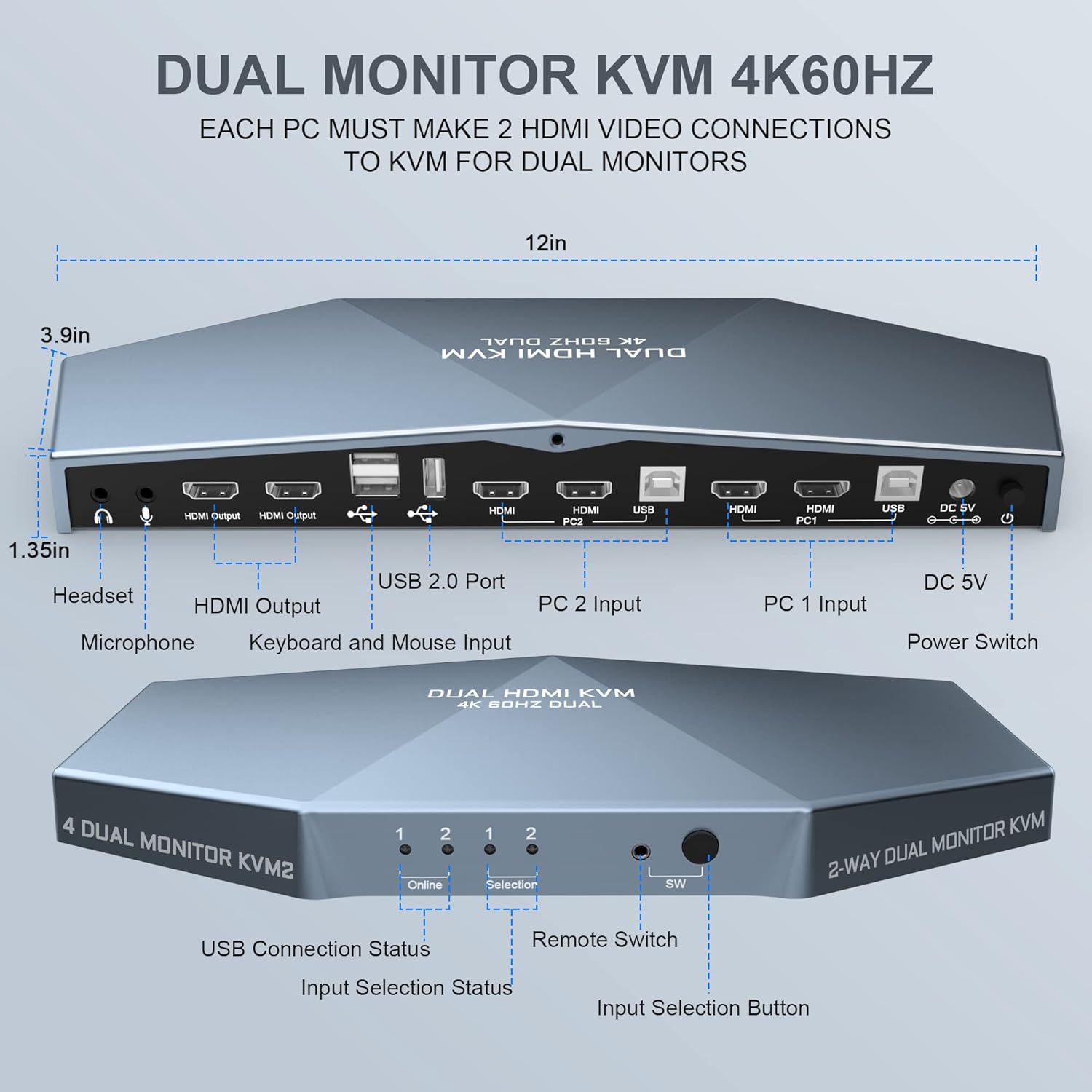 Arkidyn Plus Dual Monitor KVM Switch for 2 PCs 4K at 60Hz HDMI Support HDCP 2.2 4x2 Configuration - View 3 of 9