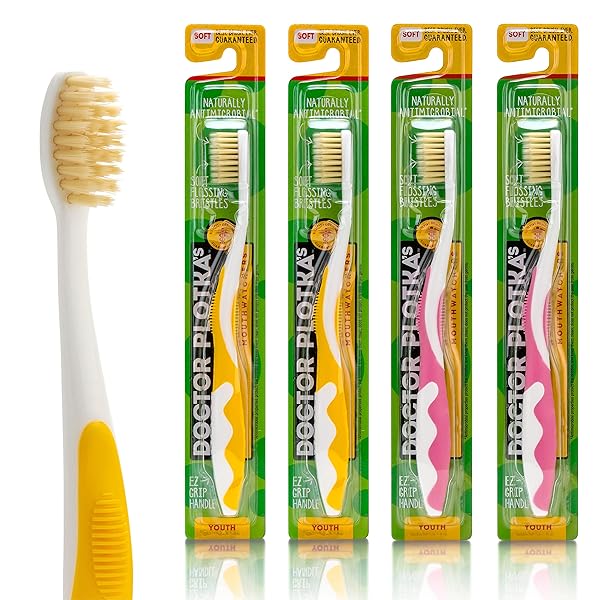 MOUTHWATCHERS Mouthwatchers Soft Kids Toothbrushes 4 Pack Manual Flossing Ultra Clean 2 Yellow 2 Pink Childrens Toothbrushes by Dr Plotka's