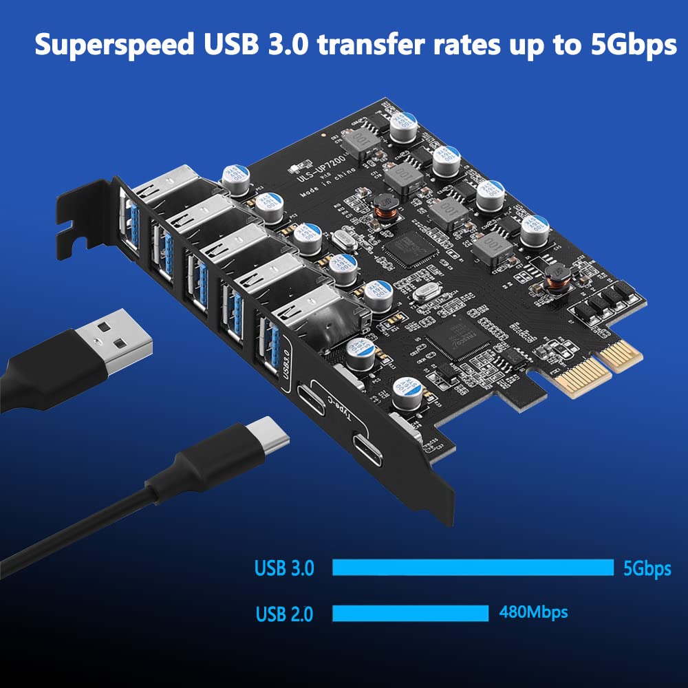 YEELIYA 7-Port USB PCIe Card: Super Speed 5x USB 3.0 & 2x USB-C Hub for Windows 10/11 Desktop PC - View 3 of 7