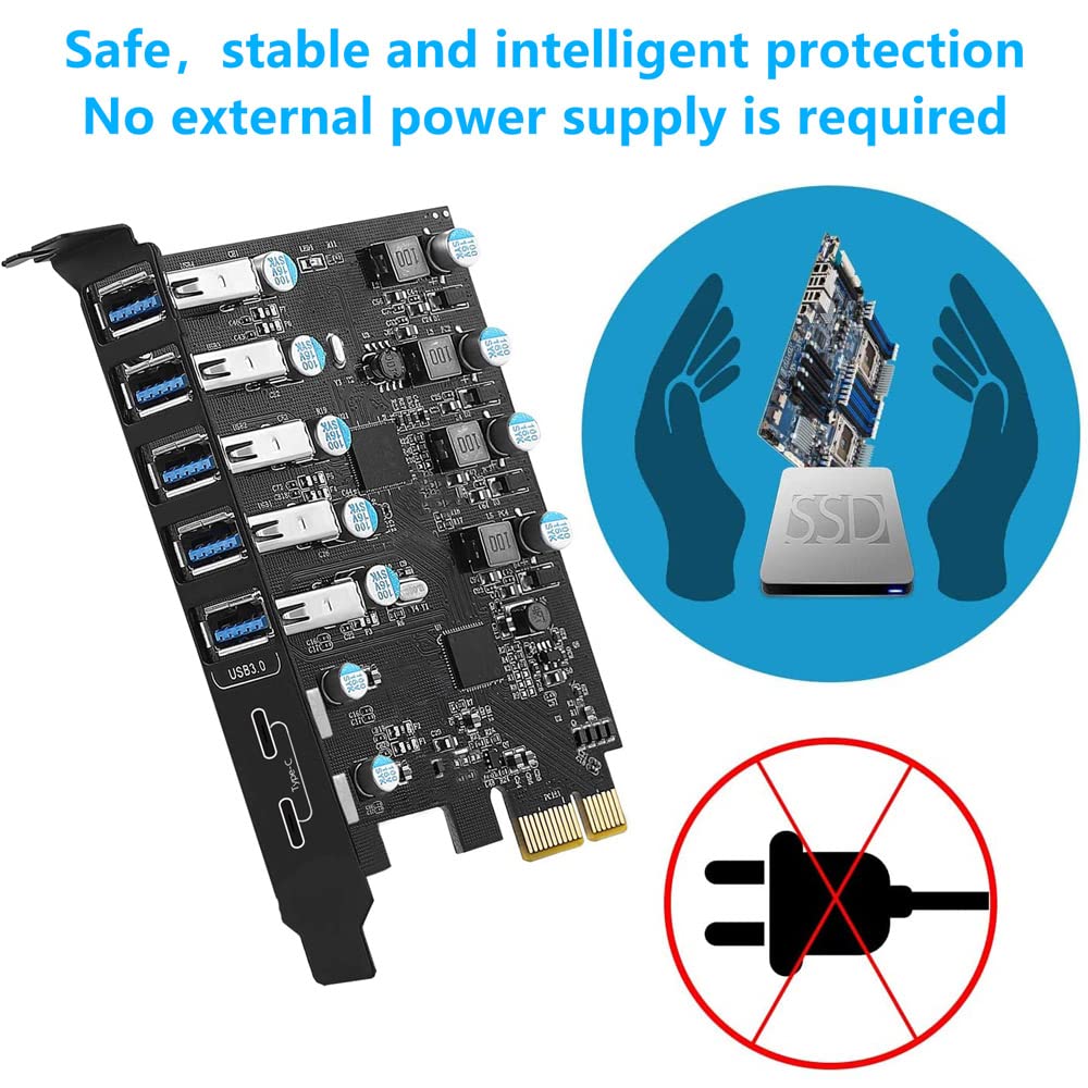 YEELIYA 7-Port USB PCIe Card: Super Speed 5x USB 3.0 & 2x USB-C Hub for Windows 10/11 Desktop PC - View 4 of 7