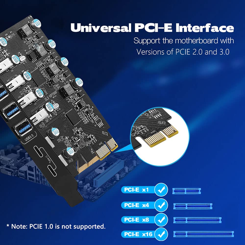 YEELIYA 7-Port USB PCIe Card: Super Speed 5x USB 3.0 & 2x USB-C Hub for Windows 10/11 Desktop PC - View 5 of 7