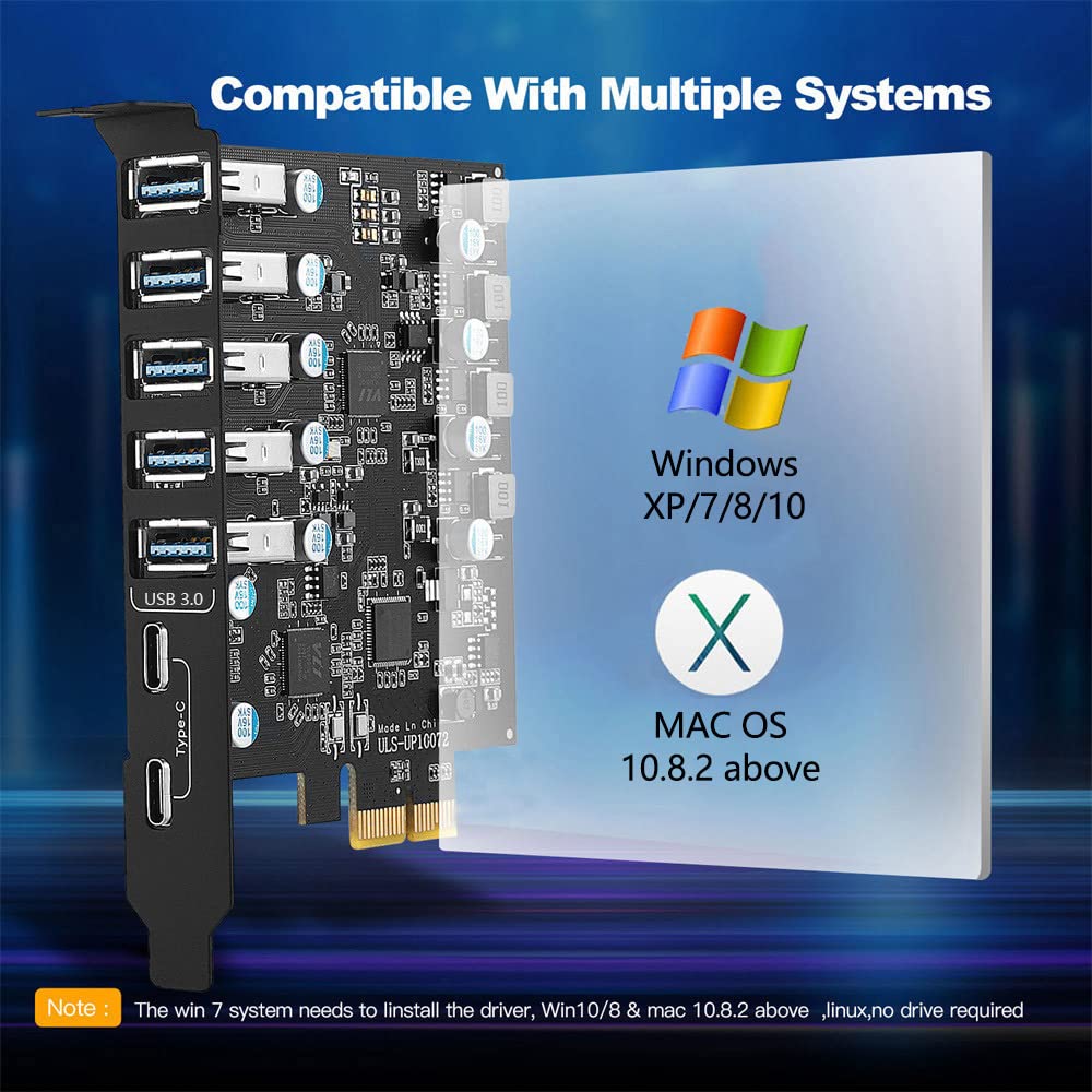 YEELIYA 7-Port USB PCIe Card: Super Speed 5x USB 3.0 & 2x USB-C Hub for Windows 10/11 Desktop PC - View 6 of 7