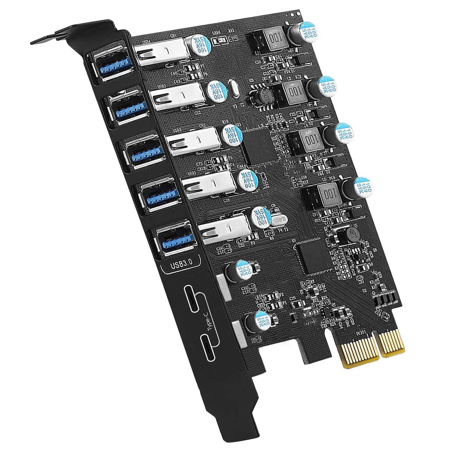 YEELIYA 7-Port USB PCIe Card: Super Speed 5x USB 3.0 & 2x USB-C Hub for Windows 10/11 Desktop PC