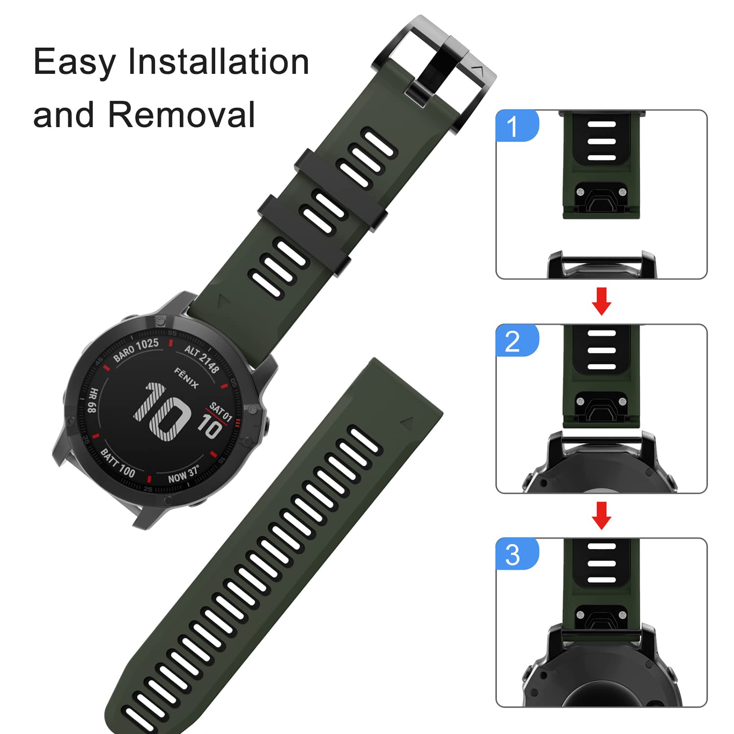 OVERSTEP OVERSTEP 22mm Quick-Fit Replacement Watch Band for Garmin Fenix 6 Pro 5 7 Forerunner 935 945 Approach S60 Quatix 5 Army Green Black - View 5 of 8