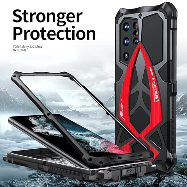 Lunivop Lunivop for Samsung Galaxy s22 Ultra case (5G 6.8 inch 2022) Metal Rugged Heavy Duty The Inner Silicone Armor Cover with Camera Protection Shockproof Phone Case Funda Military Grade Black red - View 6 of 8