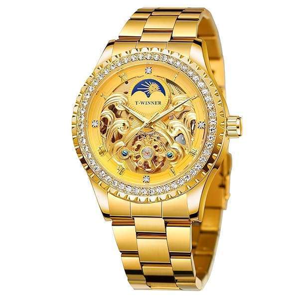 FOR SINING Men's Luxury Waterproof Mechanical Watch: Diamond Moon Phase & Skeleton Design