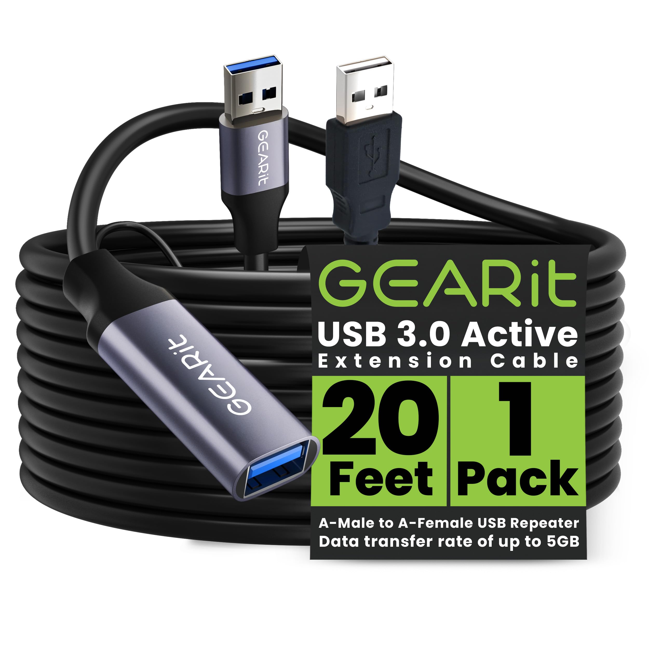 GEARit 20 Feet USB 3.0 Active Extension Cable A Male to A Female Repeater for Oculus Rift Xbox 360 PlayStation Printer Webcam