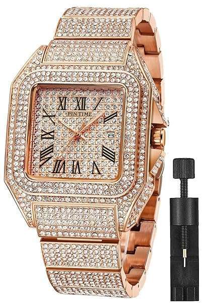 Stylish Men's Rose Gold Hip Hop Crystal Watch - Iced Out Stainless Steel Bracelet Timepiece