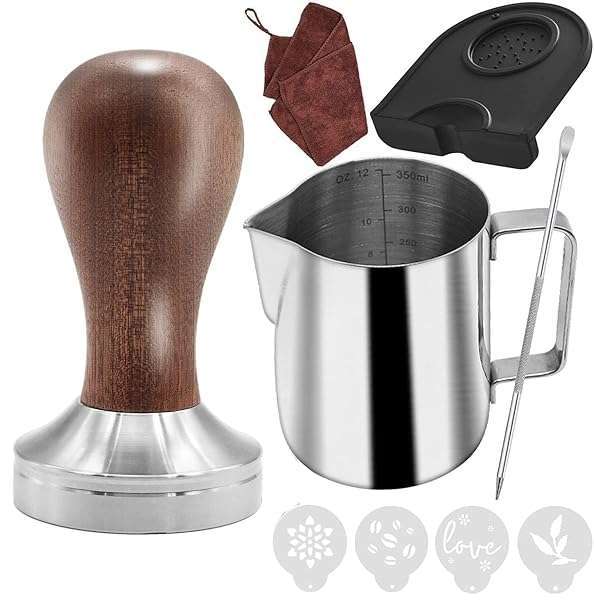 Ezebesta Ezebesta 51mm Coffee Tamper Set: Barista Kit with Wooden Tamper, Frothing Pitcher, Mat & Latte Art Pen