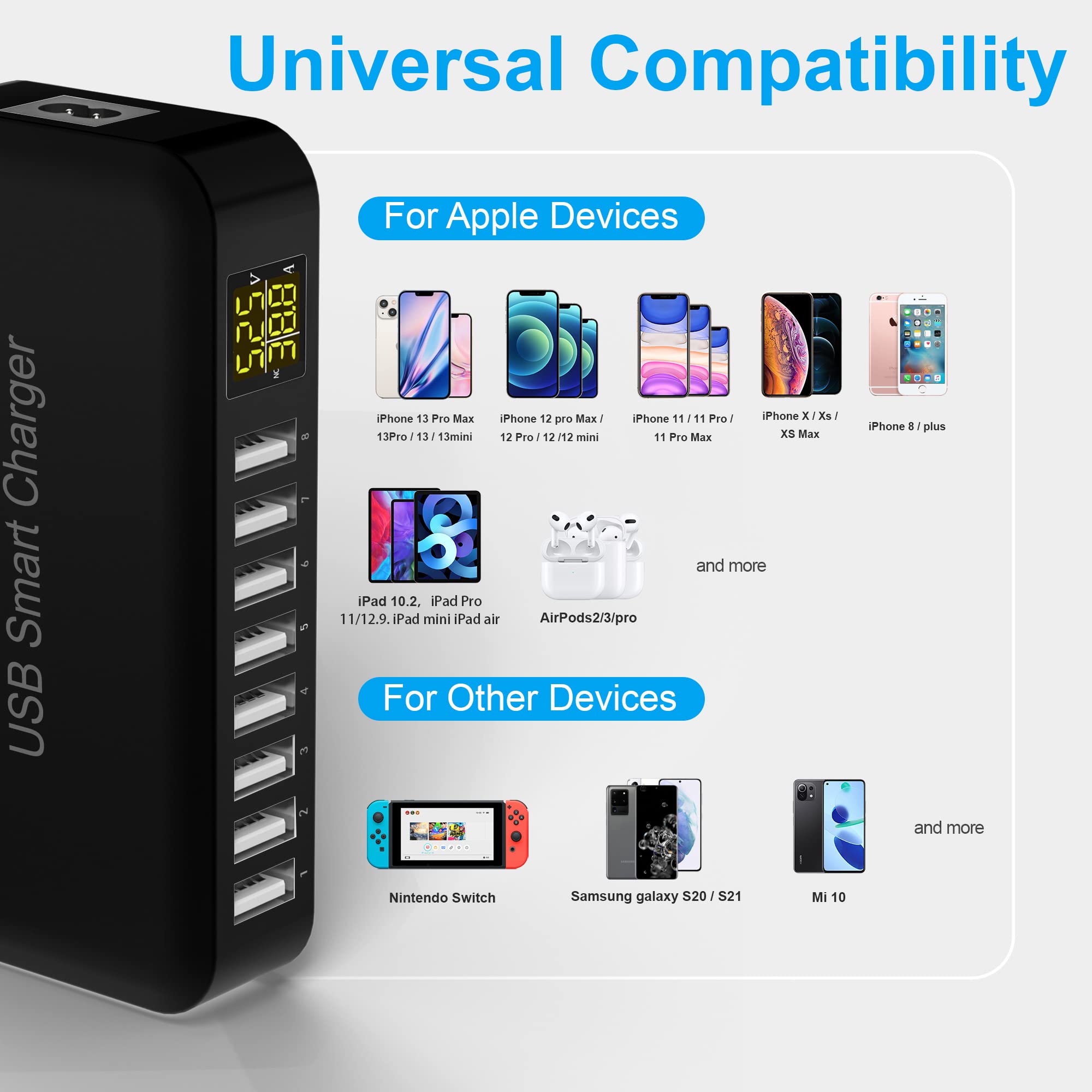 ziwodiv Ziwodiv 8-Port USB Charging Station 60W Compact Desktop Charger for iPhone iPad Samsung Android Tablets with LED Display - View 3 of 6