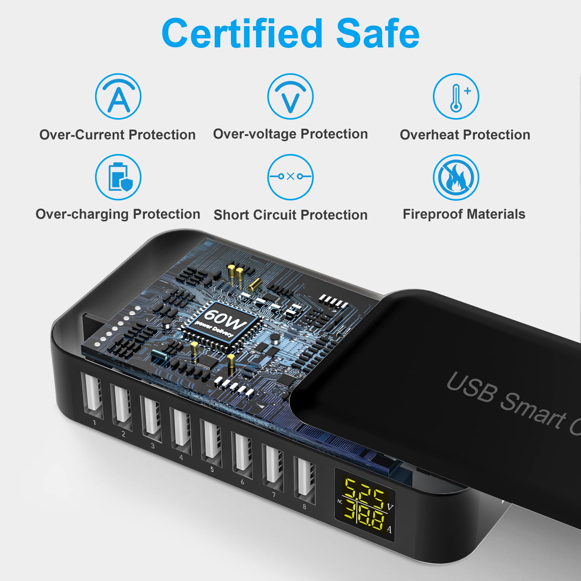 ziwodiv Ziwodiv 8-Port USB Charging Station 60W Compact Desktop Charger for iPhone iPad Samsung Android Tablets with LED Display - View 4 of 6