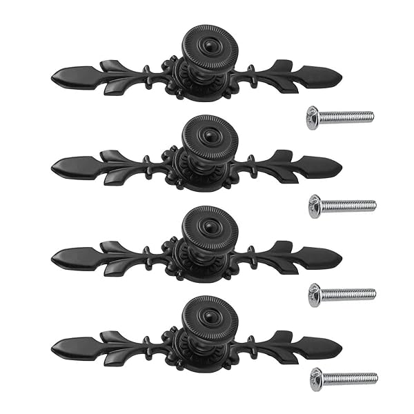 Flylin Vintage Zinc Alloy Pull Handle Door Knob 4-Pack - Black Cabinet & Drawer Hardware