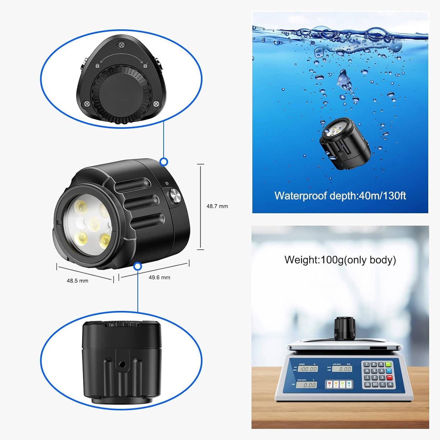 Starbea Seafrogs Diving LED Video Light Waterproof 130FT for Underwater Photography with Cold Shoe Adapter for GoPro Sony Nikon Camera SL-18 - View 2 of 9