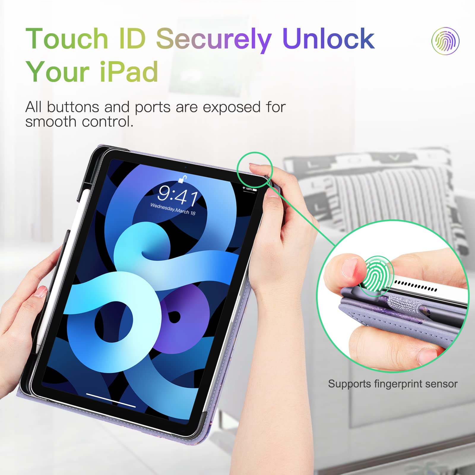 Fintie Lilac Marble Case for iPad Air 11 inch M3 M2 5th 4th Generation 10.9 Inch Multi Angle Viewing Protective Cover with Pencil Holder - View 8 of 9