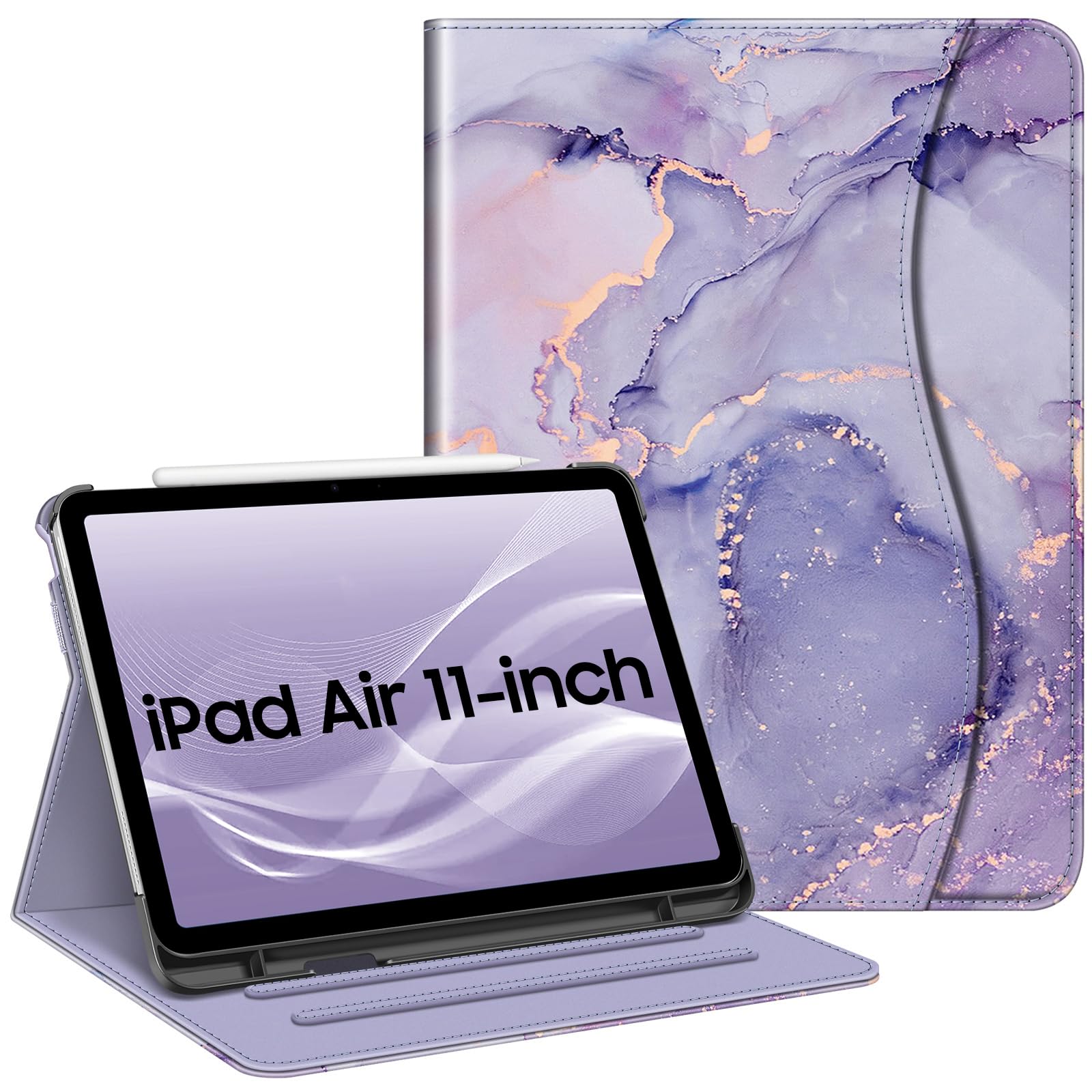 Fintie Lilac Marble Case for iPad Air 11 inch M3 M2 5th 4th Generation 10.9 Inch Multi Angle Viewing Protective Cover with Pencil Holder