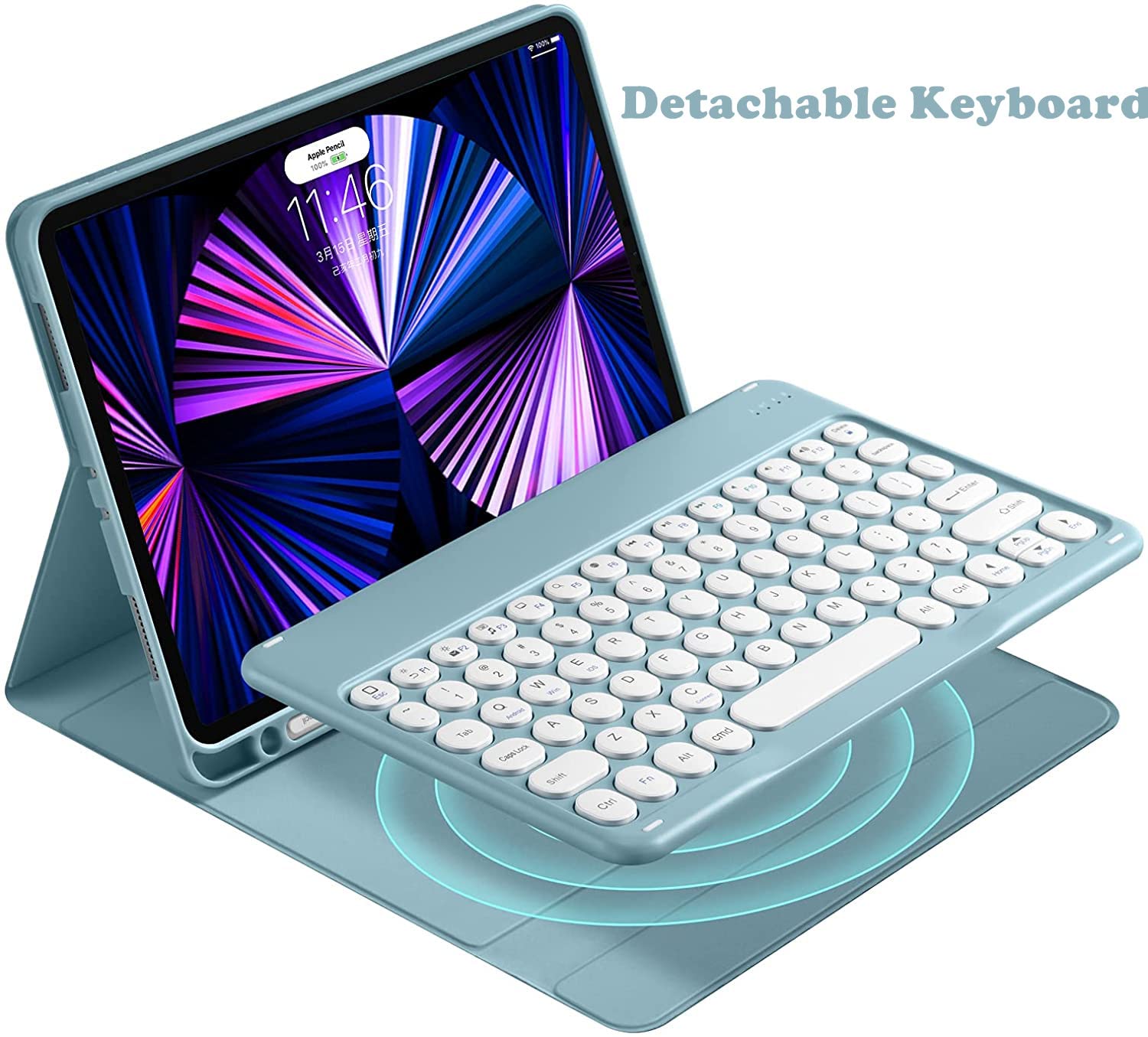QIYIBOCASE Cute Round Keys Keyboard Case for iPad 10.2 9th Gen 8th Gen 7th Gen Pro 10.5 Air 3rd Gen Detachable Bluetooth Keyboard Case Blue - View 2 of 8