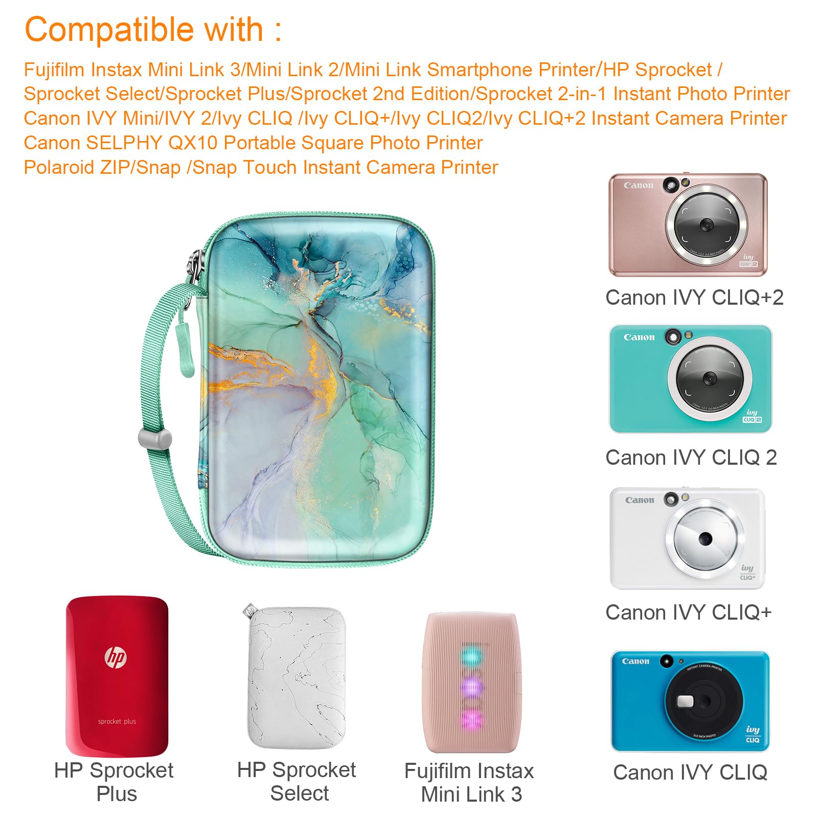 Fintie Shockproof Hard Shell Case for Fujifilm Instax Mini Link 3 HP Sprocket Select Canon Ivy CLIQ 2 Instant Camera Printer Emerald Marble - View 2 of 9
