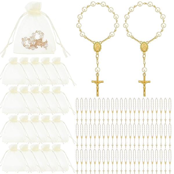 Fumete Fumete 60 Mini Rosary Favors Acrylic Beads with Organza Bags for Baptism Christening Weddings Party