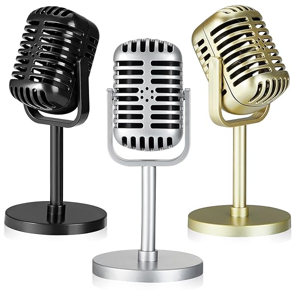 Konohan 3 Pcs Vintage Microphone Toy Props with Stand Antique Model for Party Role Play Stage Table Decorations in 3 Colors