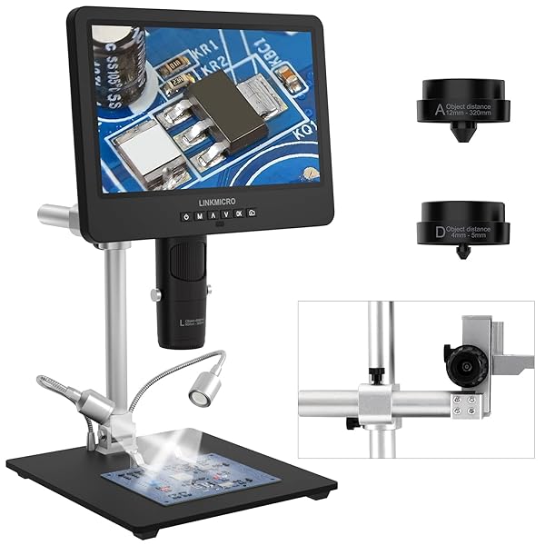 LINKMICRO LINKMICRO LM249MS 3 Lens 10.1 Inch HDMI Digital Microscope 2000X for Electronic Repair with Boom Arm Stand UHD 2160P Video and 32GB Storage