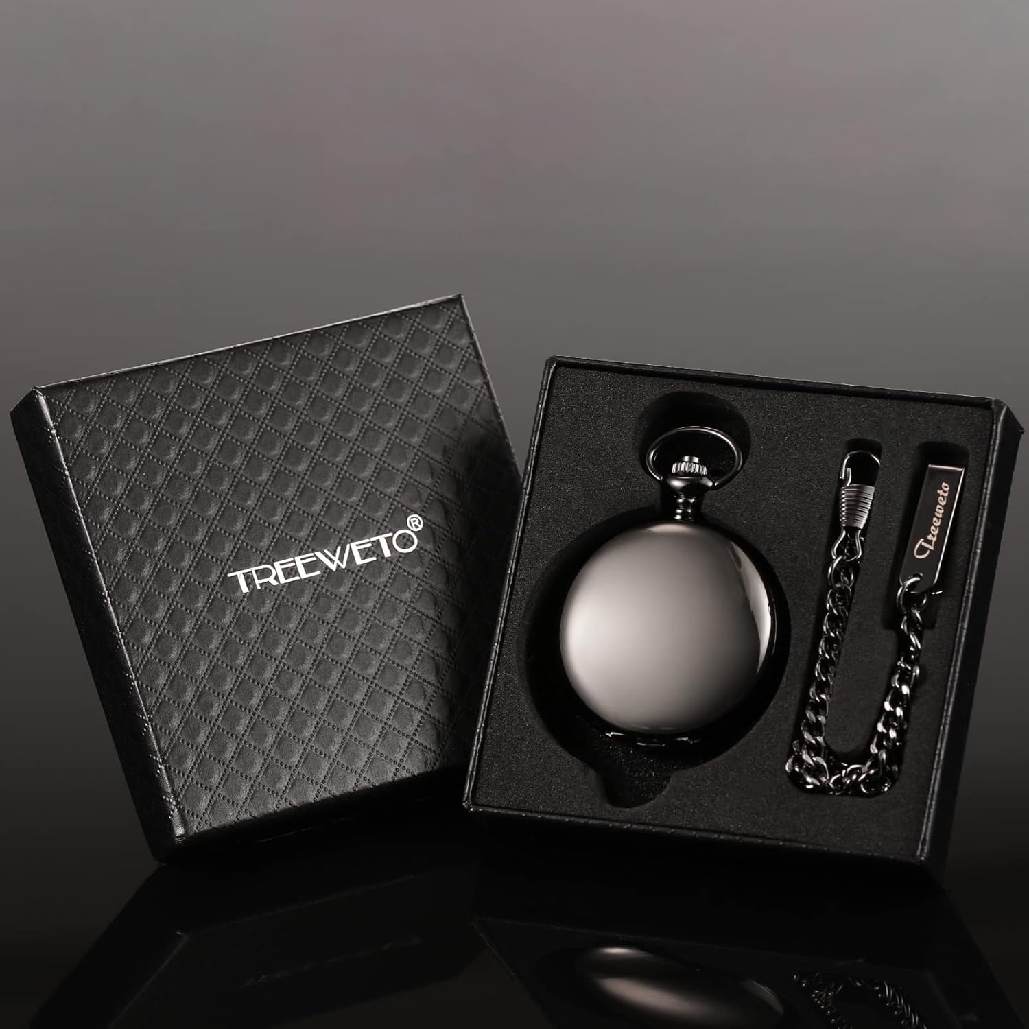 TREEWETO TREEWETO Men's Mechanical Pocket Watch Vintage Steampunk Black Double Case Blue Roman Numerals Fob Watch with Chain Box for Men and Women - View 7 of 8