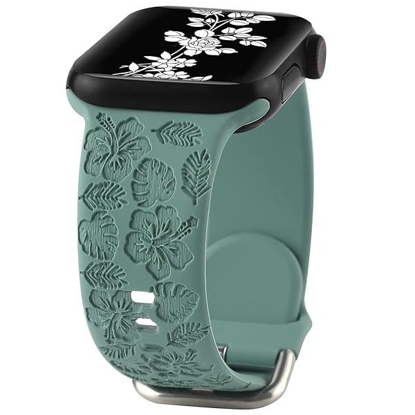 Floral Engraved Silicone Bands for Apple Watch 38mm 40mm 41mm - Hibiscus Pattern Sport Straps for Men & Women