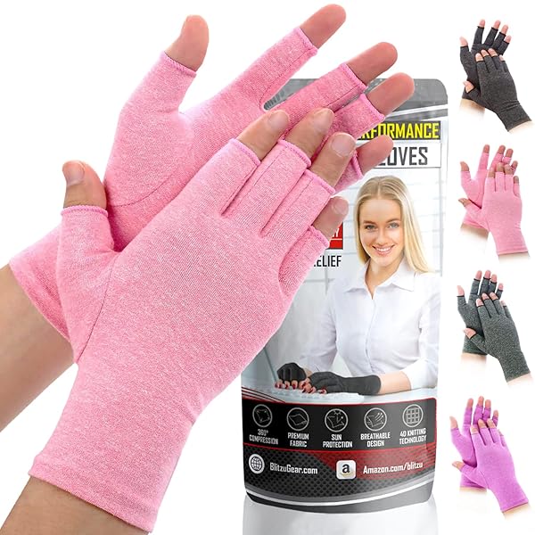 BLITZU Compression Arthritis Gloves for Pain Relief for Women and Men Fingerless Hand Support for Carpal Tunnel Tendonitis Neuropathy Pink L
