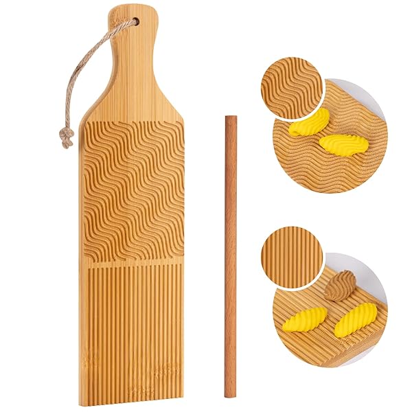 Maveite Handcrafted Gnocchi Board & Paddle Set - Bamboo Pasta Maker with Ridges for Perfect Gnocchi & Cavatelli