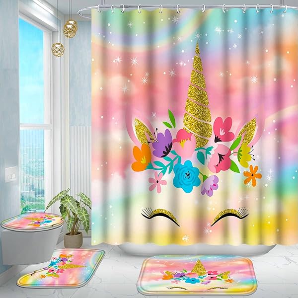 Poedist Poedist 4 Pcs Kids Bathroom Shower Curtain Set with Rugs and 12 Metal Hooks in Multicolor Cute Flowers Design