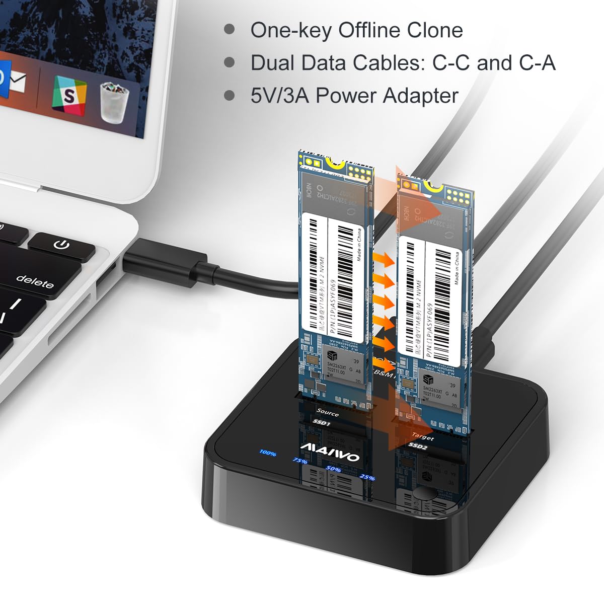 MAIWO MAIWO Dual Bay PCIe NVMe M.2 SSD Duplicator Docking Station 10Gbps USB 3.1 Gen2 Cloner Adapter 8TB Capacity Fits Multiple Sizes - View 4 of 9