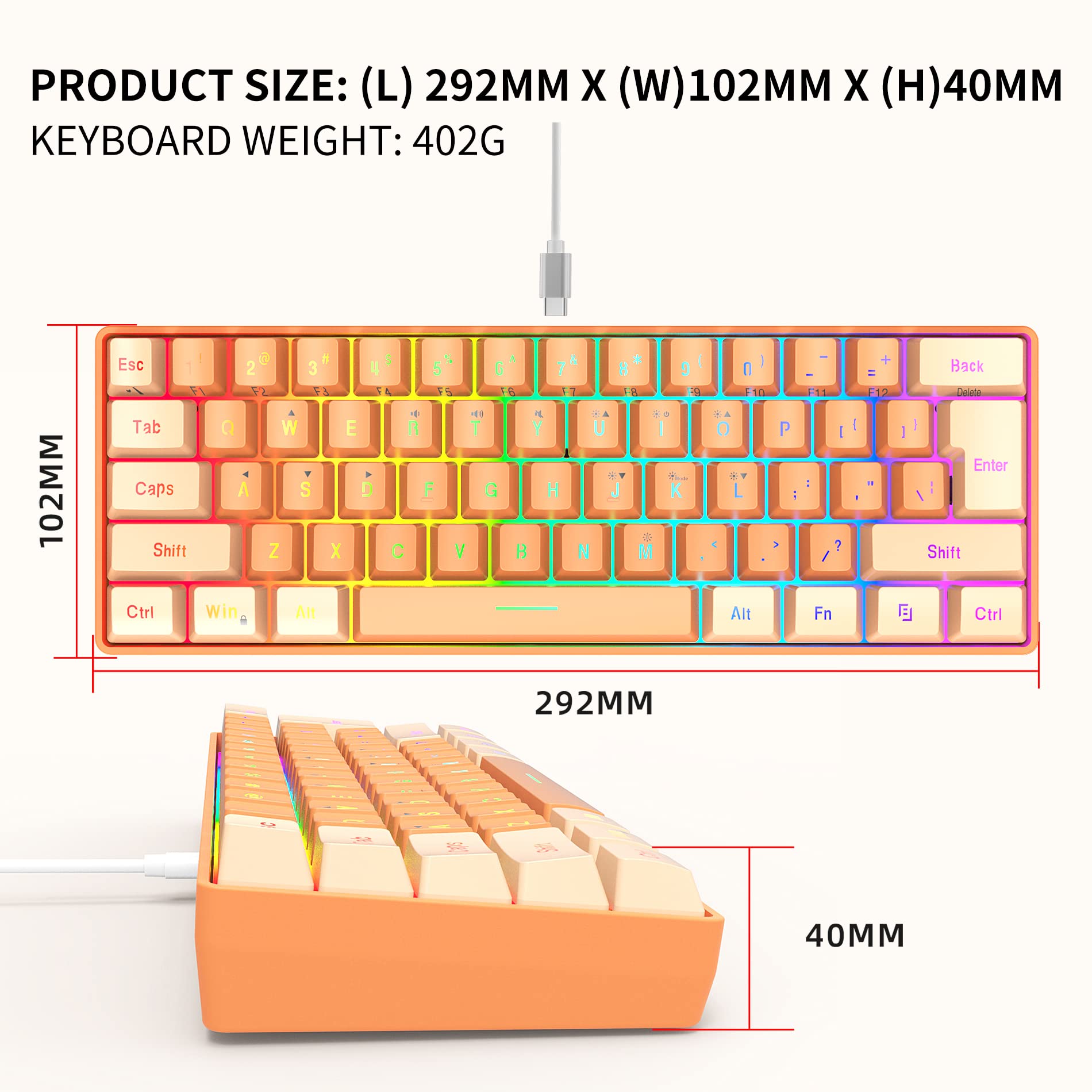 Snpurdiri Snpurdiri 60% Wired Gaming Keyboard RGB Backlit Ultra Compact Mini 61 Keys Waterproof for PC Mac Gamer Typist Travel Cream Orange - View 3 of 9