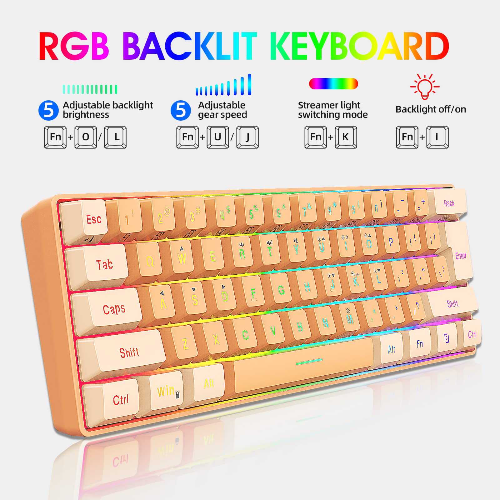 Snpurdiri Snpurdiri 60% Wired Gaming Keyboard RGB Backlit Ultra Compact Mini 61 Keys Waterproof for PC Mac Gamer Typist Travel Cream Orange - View 4 of 9