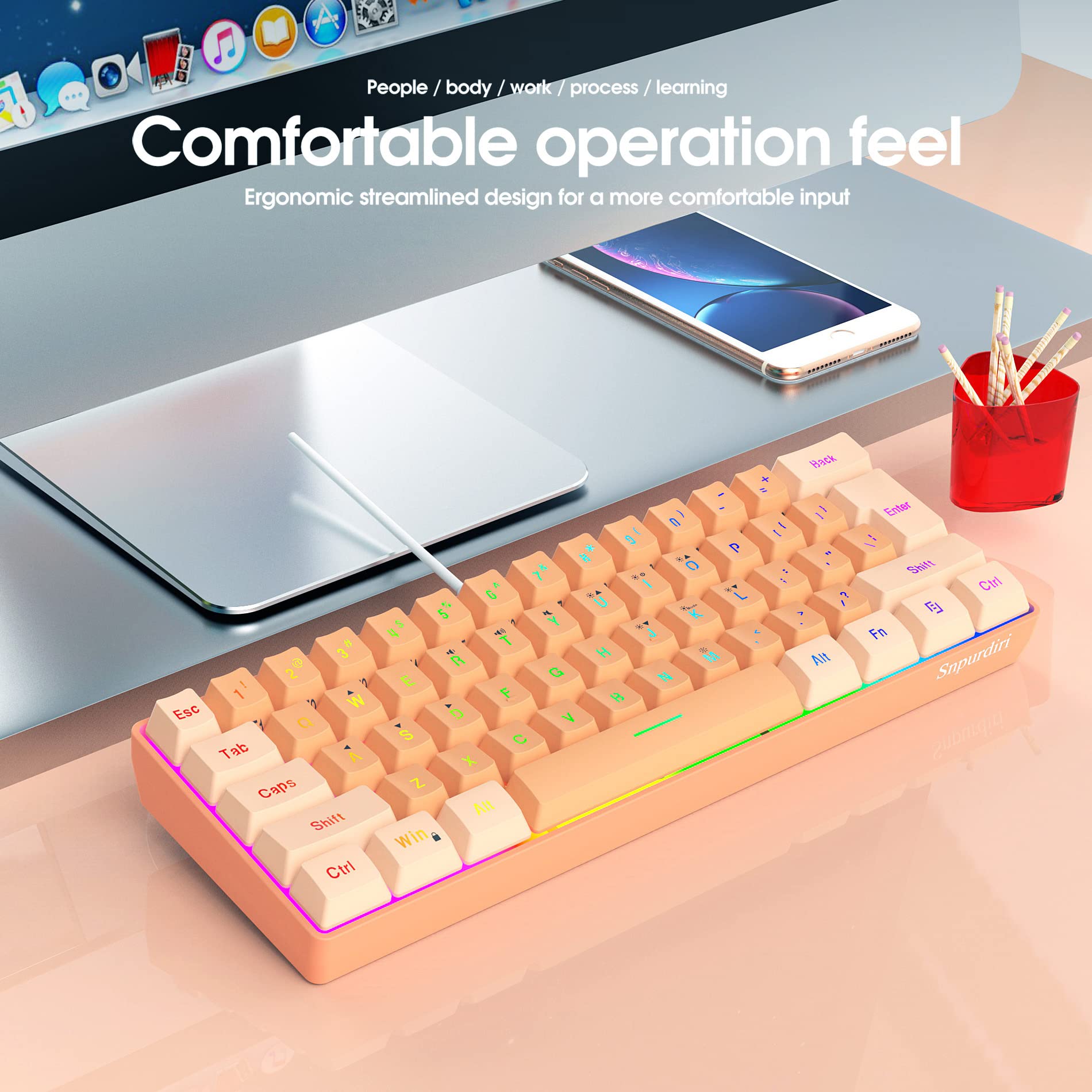 Snpurdiri Snpurdiri 60% Wired Gaming Keyboard RGB Backlit Ultra Compact Mini 61 Keys Waterproof for PC Mac Gamer Typist Travel Cream Orange - View 7 of 9
