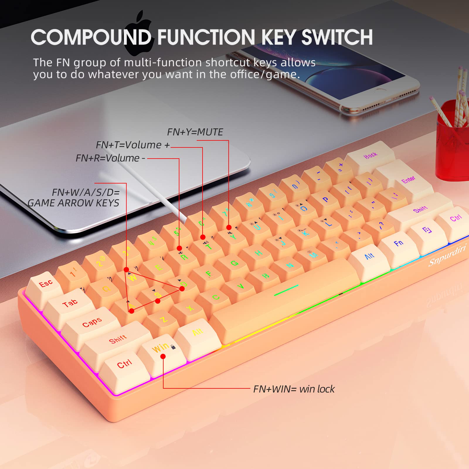 Snpurdiri Snpurdiri 60% Wired Gaming Keyboard RGB Backlit Ultra Compact Mini 61 Keys Waterproof for PC Mac Gamer Typist Travel Cream Orange - View 8 of 9