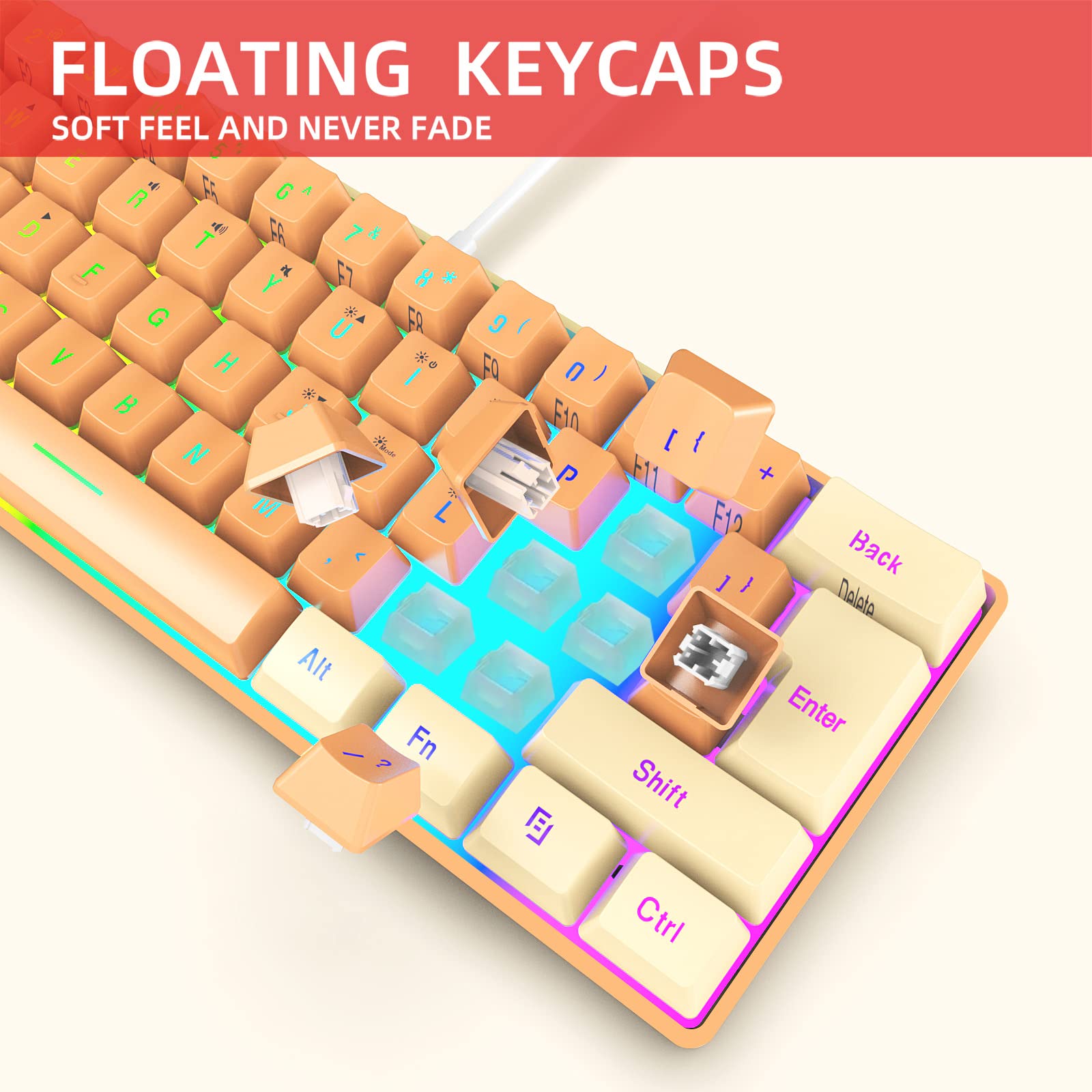 Snpurdiri Snpurdiri 60% Wired Gaming Keyboard RGB Backlit Ultra Compact Mini 61 Keys Waterproof for PC Mac Gamer Typist Travel Cream Orange - View 9 of 9